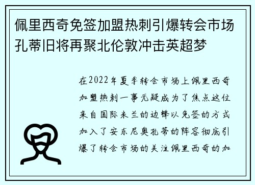 佩里西奇免签加盟热刺引爆转会市场孔蒂旧将再聚北伦敦冲击英超梦 佩里西奇免签加盟热刺引爆转会市场孔蒂旧将再聚北伦敦冲击英超梦